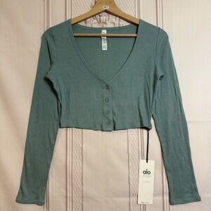 ALO Yoga Ribbed Cropped Whisper Cardigan Higher Love Soft Seagrass Size M NWT